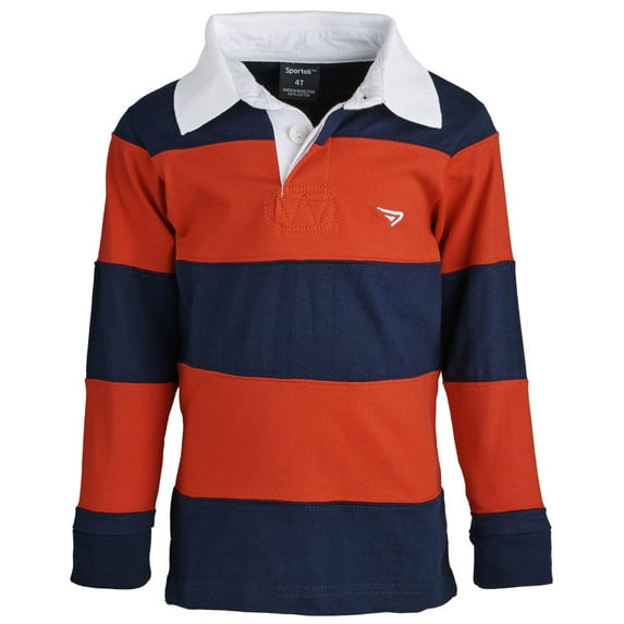 Sportoli® Big Boys 100% Cotton Wide Striped Long Sleeve Polo Rugby Shirt - Red (Size 14)
