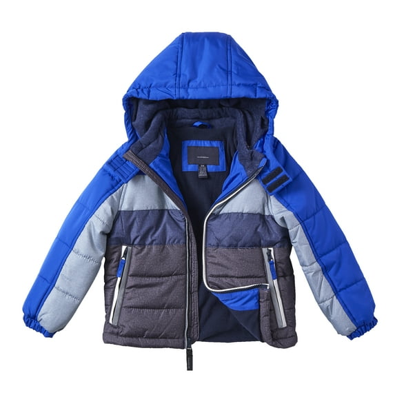 Sportoli Boys Hooded Colorblock Winter Puffer Jacket Coat - Blue (Size 7)