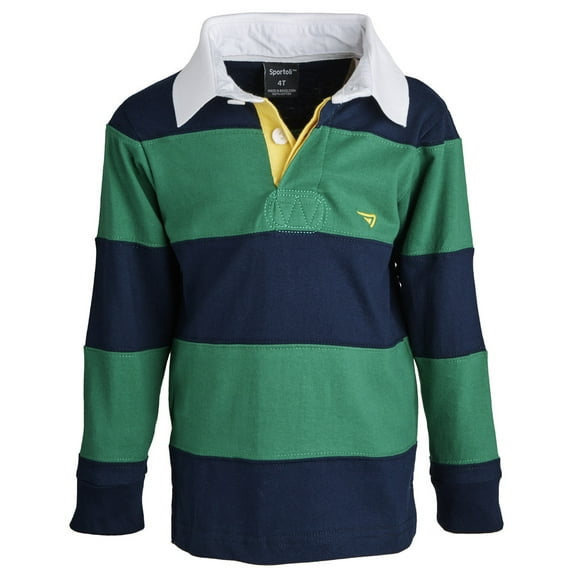 sportoli little boys 100% cotton wide striped long sleeve polo rugby shirt - green (size 2)
