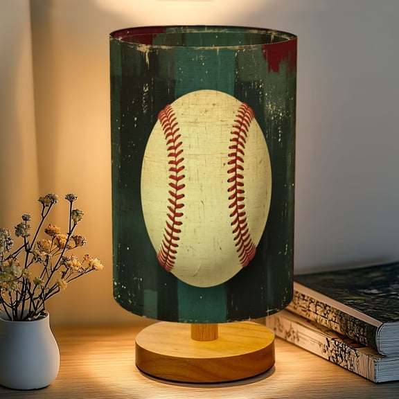 Sports 16-Color Dimmable Table Lamp, Baseball Red Stitches Abstract Bedside Lamp Nightstand Light for Bedroom Nursery, Wood Base Fabric Shade Reading Lamps Gifts for Kids