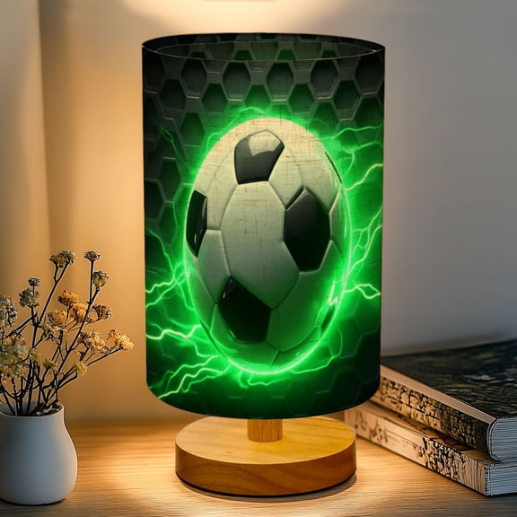 Sports 16-Color Dimmable Table Lamp, Electric Soccer Ball Neon Green Hexagonal Bedside Lamp Nightstand Light for Bedroom Nursery, Wood Base Fabric Shade Reading Lamps Gifts for Kids