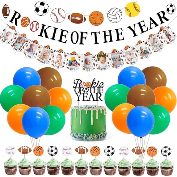 Sports 1st Birthday Decorations Rookie of the Year Banner Cake Topper All Star Monthly Photo Banner Garland Balloons for Boys First Birthday Party Supplies