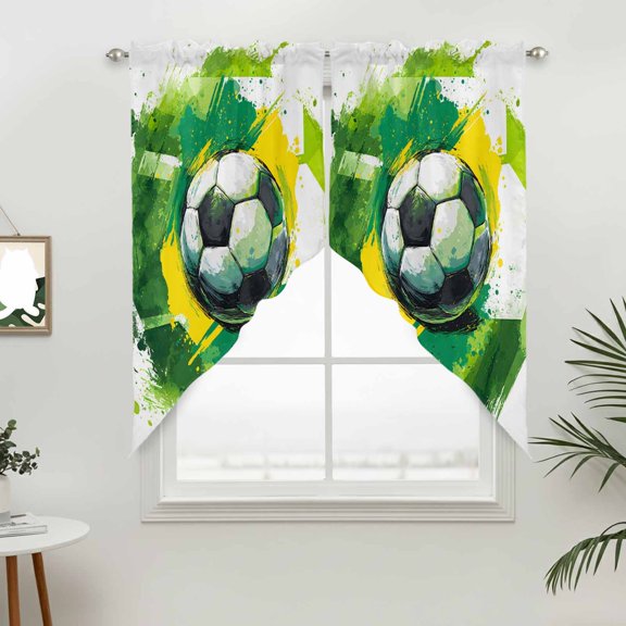 Sports Active Swag Valances for Windows, Modern Soccer Silhouette Green Ink Splatter Rod Pocket Short Curtains, Machine Washable Kitchen Window Topper for Bathroom Living Room, 28 x 36 Inch, 1 Pair