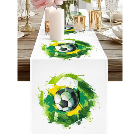 Sports Active Table Runners 48 Inches Long Modern Soccer Silhouette Green Ink Splatter Kitchen Dining Table Runner Dresser Scarves for Party Coffee Holiday Party Decor
