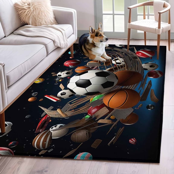Sports Area Rug 3x5 FT, Non Slip Entryway Bedside Carpet, Football Basketball Baseball Ball Games Washable Soft Floor Carpet Indoor Mat Non-Shedding Throw Rug for Dorm Kitchen Home Office