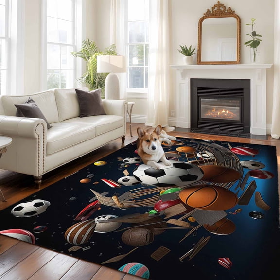 Sports Area Rug 5x7 FT, Non Slip Bedroom Throw Carpet, Football Basketball Baseball Ball Games Washable Soft Floor Carpet Non-Shedding Rug for Dining Room Bedside Classroom Desk