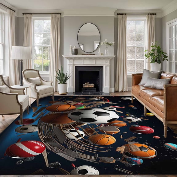 Sports Area Rug 6x9 FT, Non Slip Living Room Throw Carpet, Football Basketball Baseball Ball Games Washable Soft Large Floor Carpet Non-Shedding Rug for Bedroom Dining Room Play Room