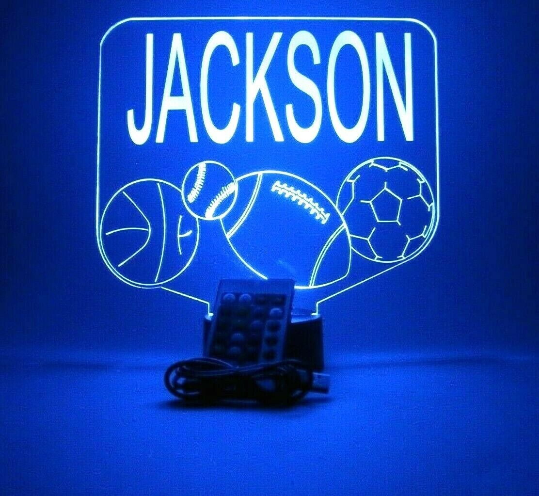 Sports Array Soccer Ball Baseball Football Basketball with Custom Name Night Light Up Lamp LED Free Engraved Custom Name Personalized Athletic Table Lamp with Remote, 16 Colors, It's Wow, Great Gift
