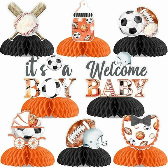 Sports Baby Shower Decorations for Boy - 8PCS Honeycomb Centerpieces, Sports It's a Boy Welcome Baby Table Centerpieces for Football Basketball Baseball Soccer Baby Shower