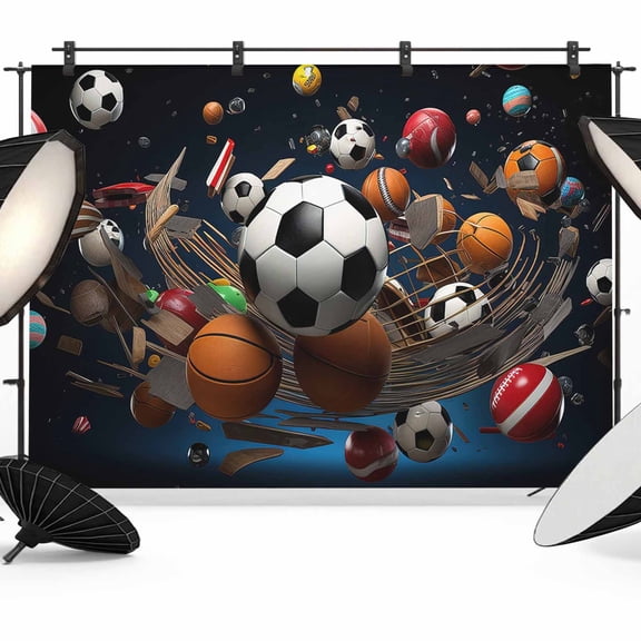Sports Backdrop for Photography, Fabric Photo Background Backdrop, Football Basketball Baseball Ball Games Photo Booth Background for Portrait Photoshoot Video Wedding Studio Decoration Banner 7x5ft