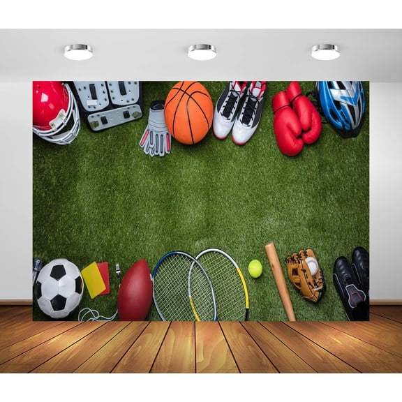 Sports Backdrop School Playground Sports Goods on Green Lawn Background Sports Theme Party Decorations Banner Photo Booth Props