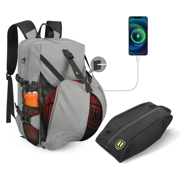Sports Backpack with Ball Holder & Separate Shoe Bag,Multifunctional Waterproof Basketball Soccer Bag Outdoor Travel Backpack for Men Women,Grey