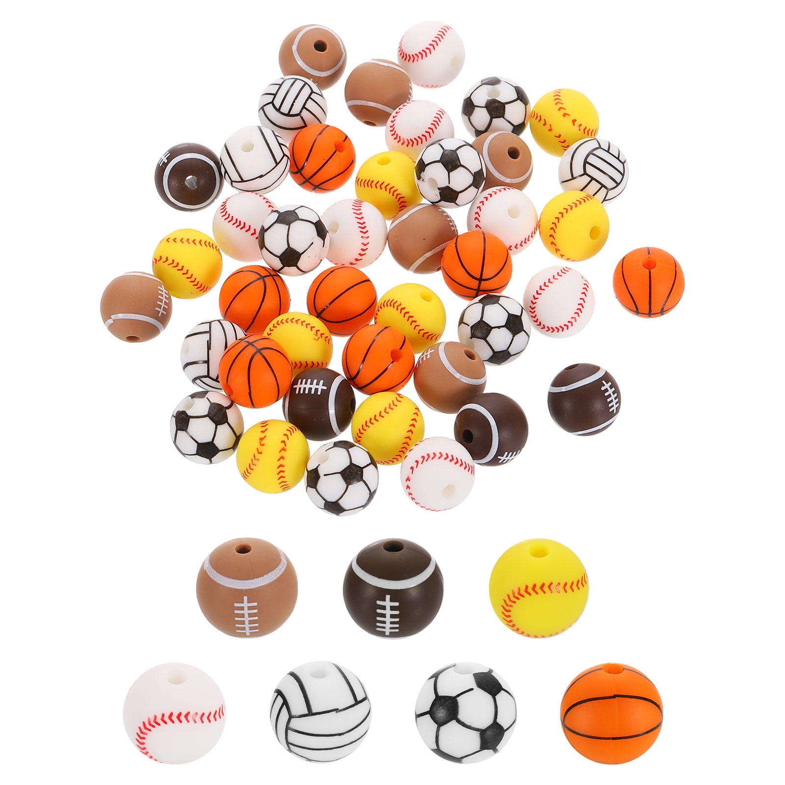 Sports Ball Beads, 100Pcs 12mm - Silicone Round Spacer Focal Beads, Rubber Loose Print Sports Beads for Keychain Making Pens DIY Crafts Necklace Bracelet Lanyard (7 Styles)