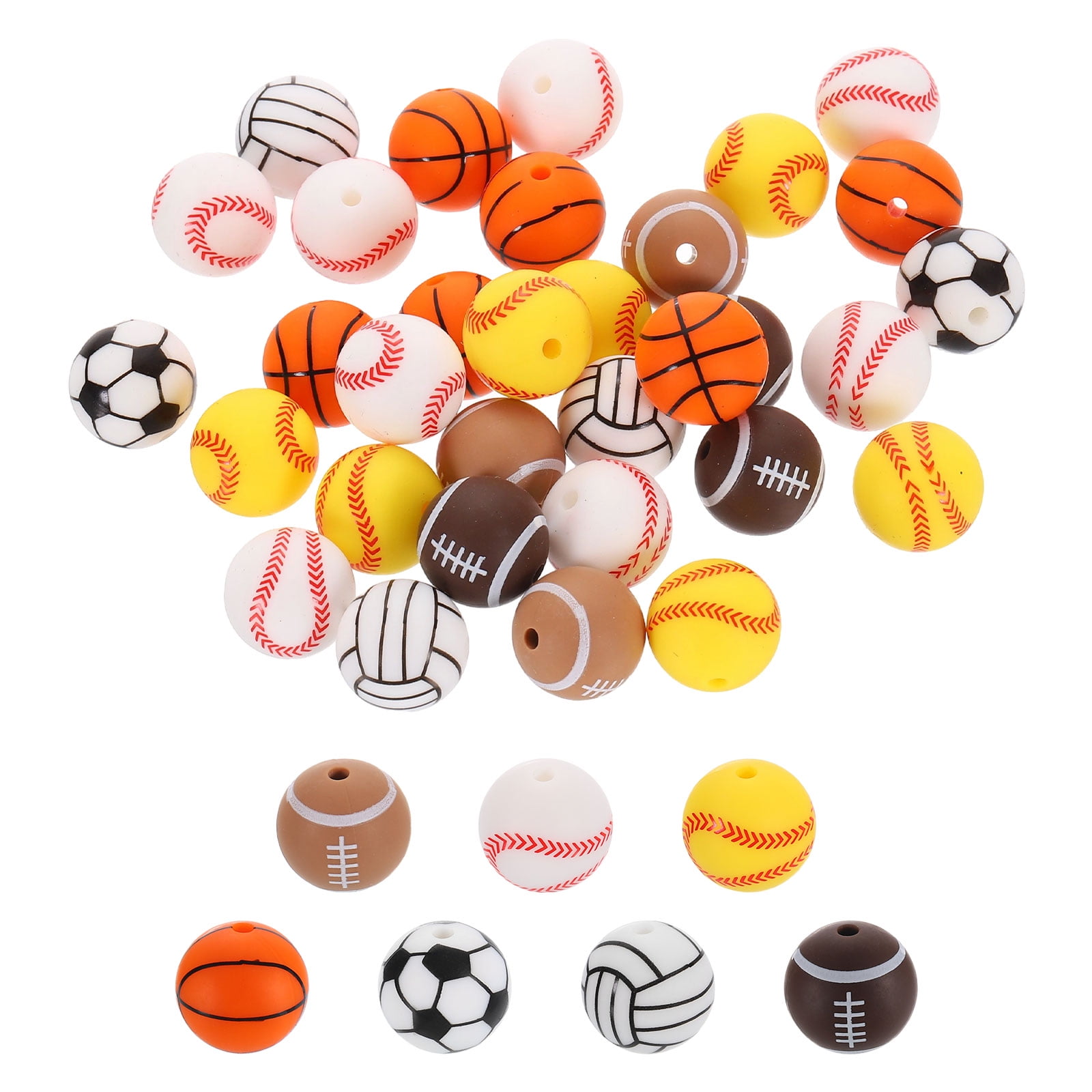 Sports Ball Beads, 100Pcs 15mm - Silicone Round Spacer Focal Beads, Rubber Loose Print Sports Beads for Keychain Making Pens DIY Crafts Necklace Bracelet Lanyard (7 Styles)