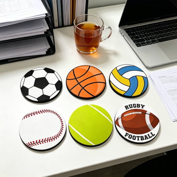 Sports Ball Cup Coasters Set Of 6 Wooden Round Drink Mats - Tabletop Protectors For Coffee Mug Water Glass Modern Sports Home Office Decor