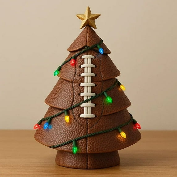 Sports Ball Shaped Christmas Tree Decorations, Football Themed with Colorful Lights and Gold Star Topper, Festive and Sporty Design for Game Rooms, Man Caves, or Gift Giving