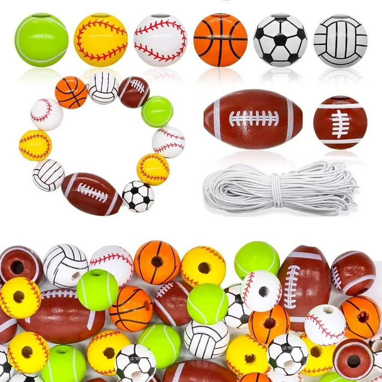 Sports Ball Wooden Beads, 64 Pieces Wooden Sports Beads with Baseball,  Football, Basketball, Volleyball, Tennis, DIY Crafts Beads, Wooden Beads  for Craft Decoration Pendants Bracelets 