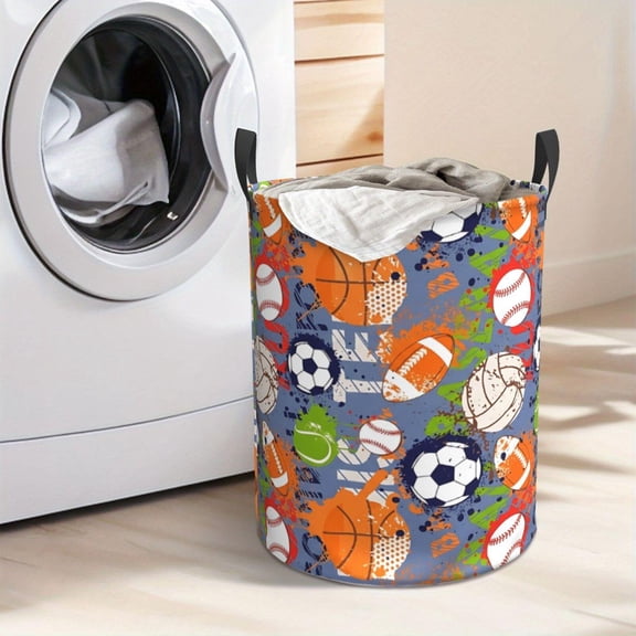 Sports Balls Pattern Laundry Hamper Portable Storage Hamper with Sturdy Handle, Oxford Cloth, Easy to Store and Collapsible Design, Laundry Baskets