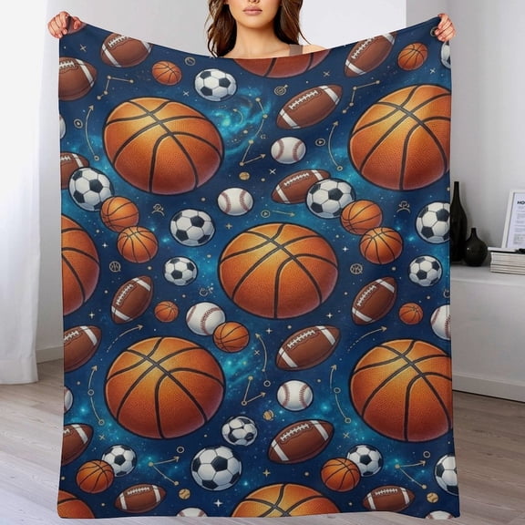 Sports Balls Throw Blanket Soft Flannel with Basketball Football Soccer Baseball Print Space Themed Warm Cozy for Couch Bed Gift for Sports Fans