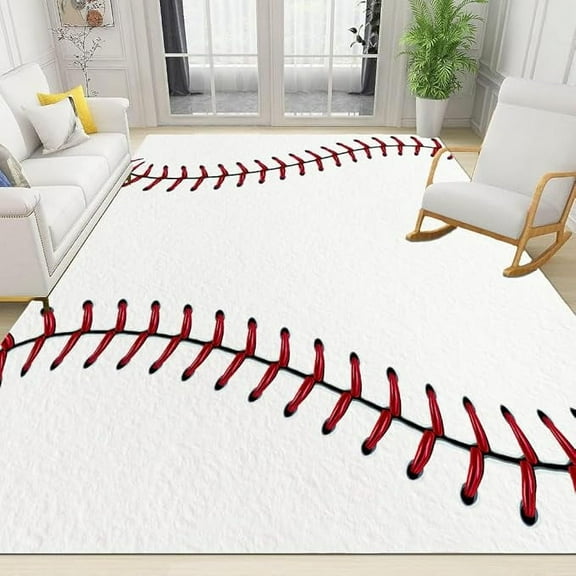 Sports Baseball Area Rug For Living Room, White Red Baseball Texture Rugs For Bedroom, Soft And Fluffy Outdoor Patio Rug For Kitchen Rugs Bathroom Rug Entryway Rug 4 x 6ft