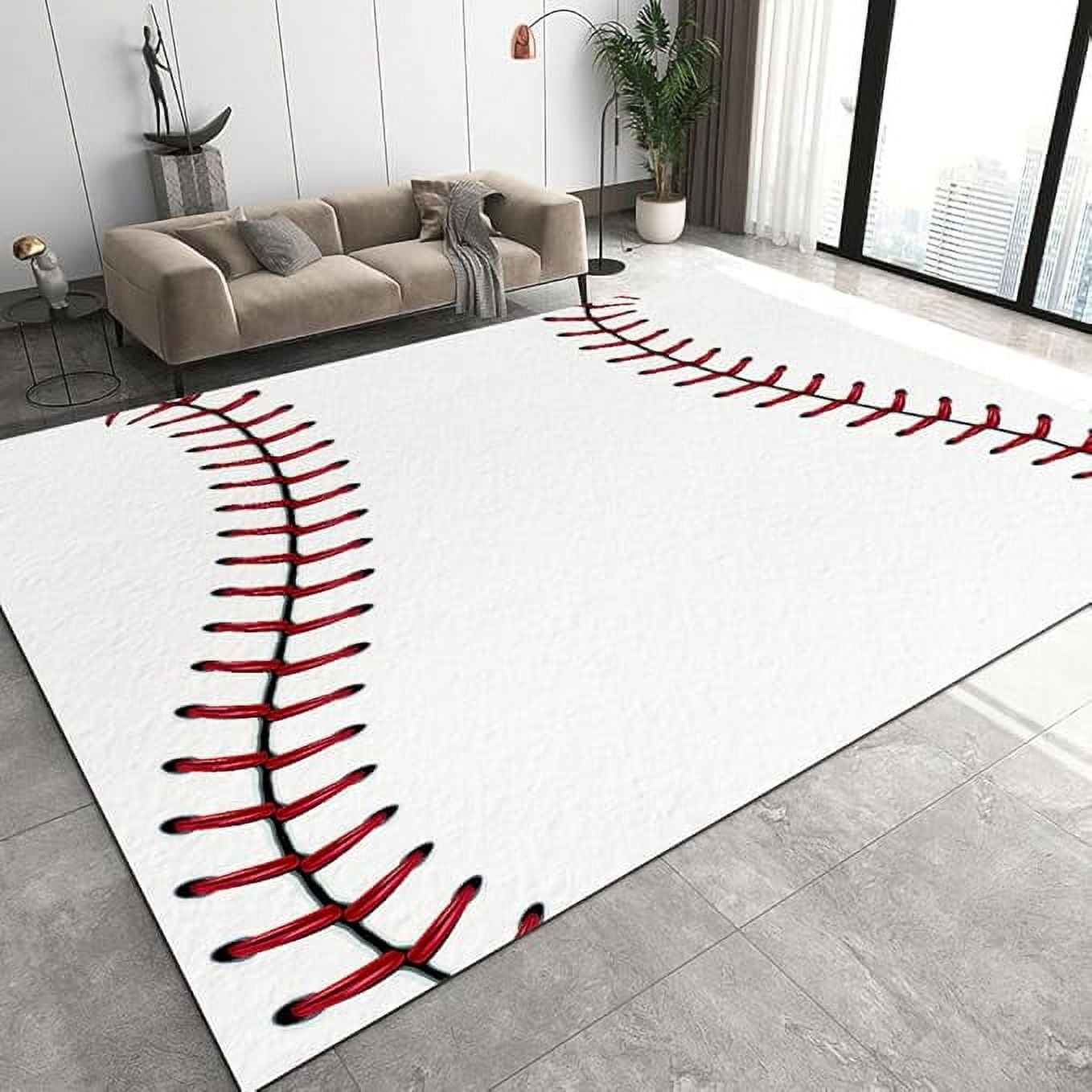 Softball Entry Rug Sports Baseball Area Rug For Living Room, White Red Baseball Texture ...