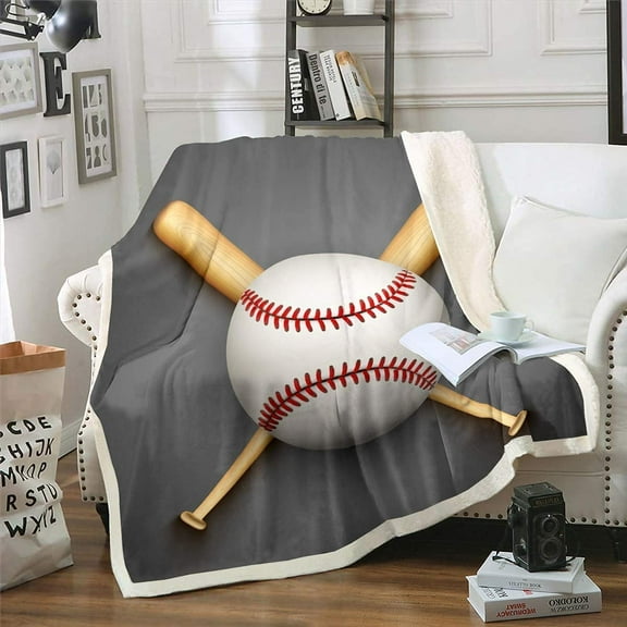 Sports Baseball Fleece Throw Blanket 3D Baseball Bat Printed Sherpa Blanket for Kids Boys Teens 3D Baseball Plush Blanket Lightweight Sports Bedspread Throw 50x60 Inch,Gray