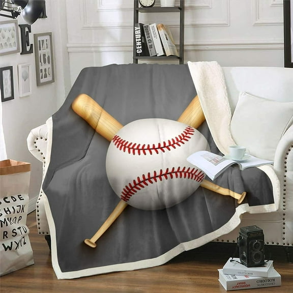 Sports Baseball Fleece Throw Blanket 3D Baseball Bat Printed Sherpa Blanket for Kids Boys Teens 3D Baseball Plush Blanket 40" x 50",Gray