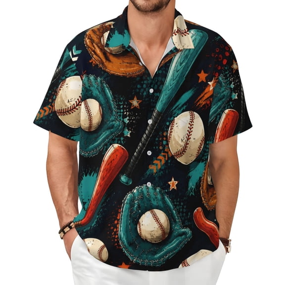 Sports Baseball Men's Shirts Short-Sleeved with All-Over Prints Button-Up Shirts