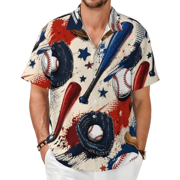 Sports Baseball Men's Shirts Short-Sleeved with All-Over Prints Button-Up Shirts