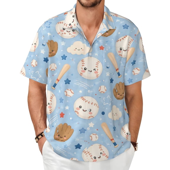 Sports Baseball Men's Shirts Short-Sleeved with All-Over Prints Button-Up Shirts