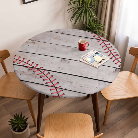 Sports Baseball Texture Red Lines Round Fitted Tablecloth with Elastic Edge,Waterproof Table Cloth Fits Tables Up to 45"-54",Wipeable Washable Table Cover for Indoor Outdoor Dinning,Farm Wooden Plank