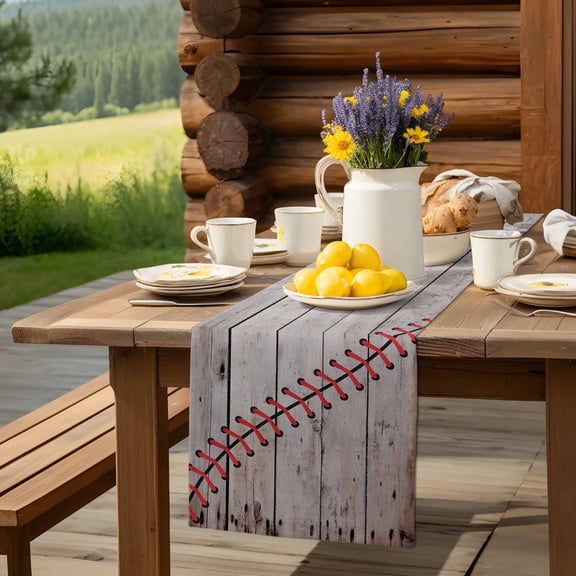 Sports Baseball Texture Red Lines Table Runner 13x36in Non-Slip Cotton Linen Table Runners, Farm Wooden Plank Dresser Scarves TableRunner for Dinner Kitchen Dining Wedding Party
