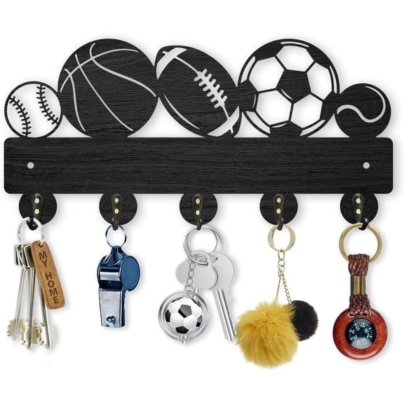 Sports Basketball Football Coat Hooks Wall Mounted 11.8×5.7inch Wood Key Holder for Wall Tennis Baseball Rugby Wall Hooks 5 Alloy Hooks Key Rack for Entryway Hallway Wall Art Decor Gift