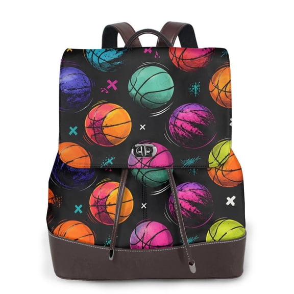 Sports Basketball Women's Leather Backpack All-Over Print Bag for Work and Travel