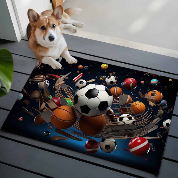 Sports Bathroom Mat 2x3 FT, Non Slip Small Kitchen Mat, Football Basketball Baseball Ball Games Washable Soft Backed Front Door Throw Rug Non-Shedding Indoor Outdoor Doormat for Entryway Sink