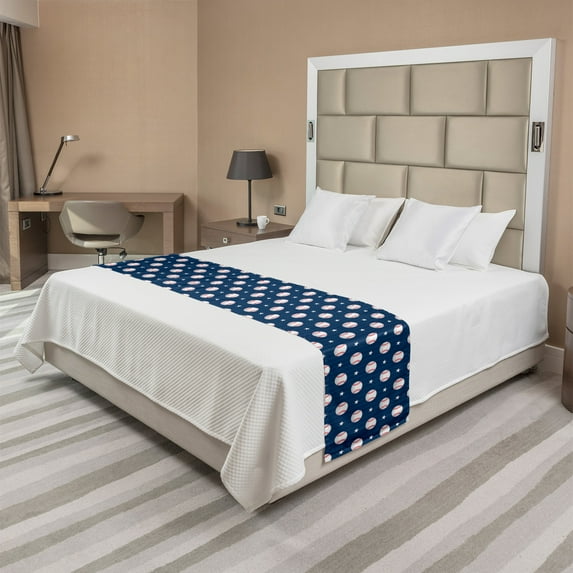 Sports Bed Runner, Baseball Patterns on Vertical Striped Background Stars Design, Decorative Accent Bedding Scarf for Hotels Homes and Guestrooms, Queen, Night Blue Red White, by Ambesonne