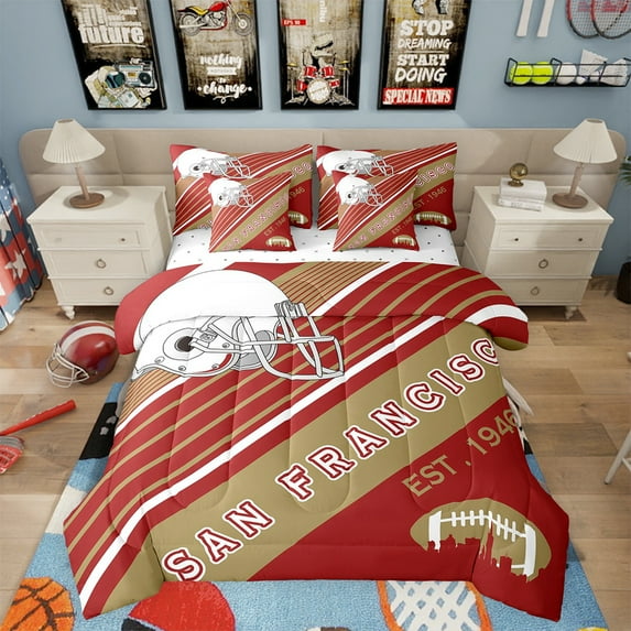 Sports Bedding Comforter Sets Queen Size, American Football City Bedding Bed In A Bag(Comforter+Fitted+Flat Sheet+2 Pillowcases+2 Throw Pillow Covers) 7 Pieces Bed Set, San Francisco