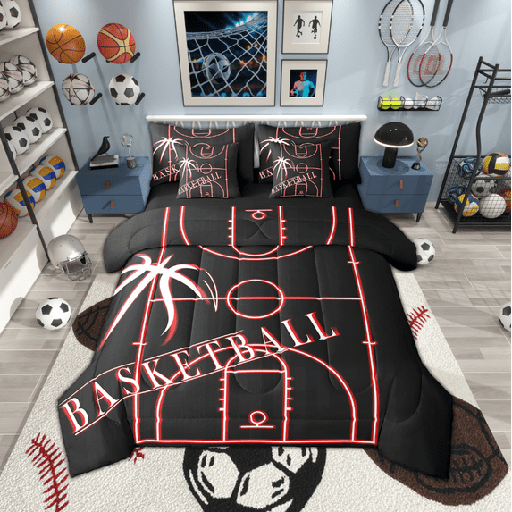 Sports Bedding King Size 7-Piece Basketball Comforter Set, Neon Glowing Red Bedding Comforter Sets Sport Theme Bed in a Bag, Black Red Bedding Accessories Microfiber (Black Reversible)
