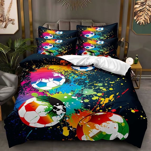 Sports Bedding Set for Teens Basketball Baseball Football Soccer Printed Duvet Cover Set for Boys Children Kids Bedroom Print Quilt Set Decorative with 2 Pillowcases