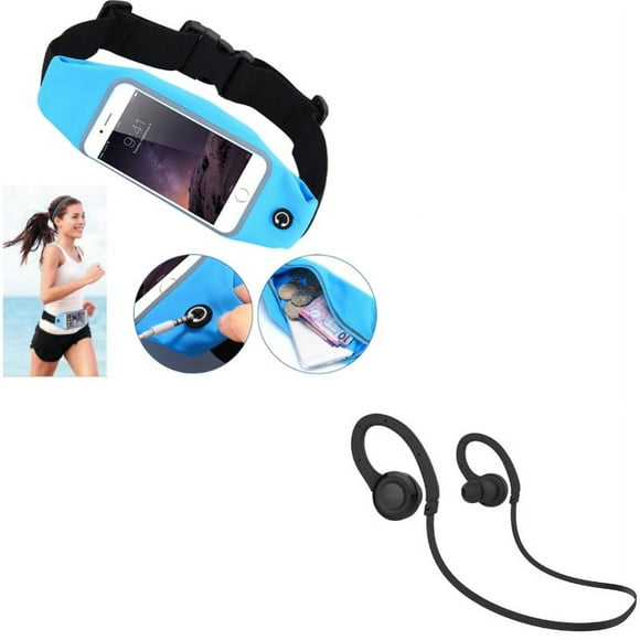 Sports Belt Band Running Waist Bag w Earphones Sports Wireless Headset A7L for Motorola Moto E4 PLUS G4 Play E5 Play X 2 (2nd Gen), Droid Turbo 2, Plus, G6 Play e6, Maxx 2 - Nokia 3.1, 8, 6