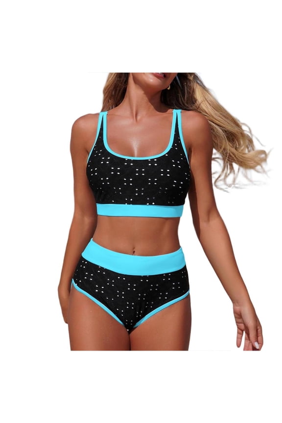 Sports Bikini Swimsuits Womens Spa Swimwear 2 Piece Athletic Bathing Suits Color Block High Waist Beach Wear(Light Blue S)