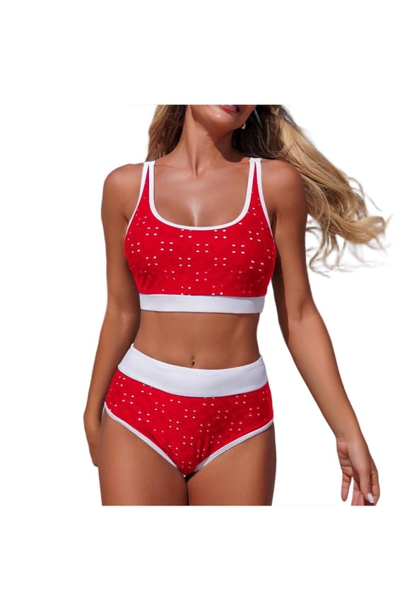Sports Bikini Swimsuits Womens Spa Swimwear 2 Piece Athletic Bathing Suits Color Block High Waist Beach Wear(Red M)