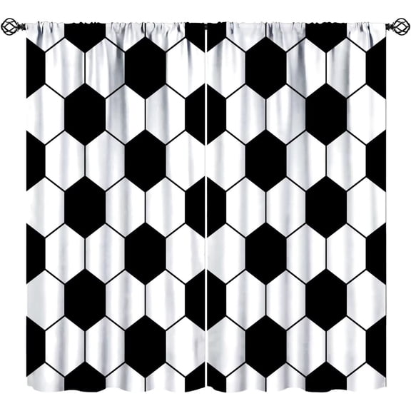 Sports Blackout Curtains Black and White Soccer Cartoon Cool Modern Art Printed for Kids Boys Teens Bedroom Rod Pocket Decoration Window Drapes 2 Panels W42xL54in