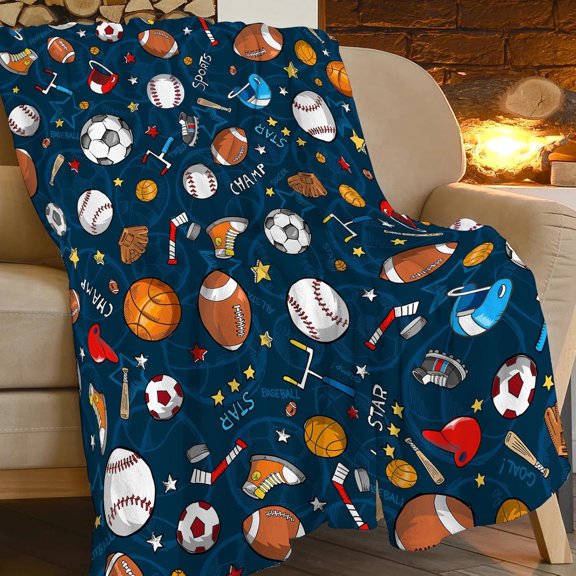 Sports Blanket Basketball Soccer Baseball Throw Blankets for Girls Boys Funny Balls Fleece Throws Cozy Flannel Warm Fuzzy Blue Plush Stuff for Sofa Bed Decor Gifts for Kids Men Women 50"x40"