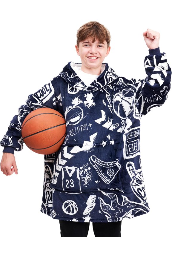 Sports Blanket Hoodie Men & Kids, Oversized Wearable Blanket Kids, Teens, Adults, Soccer & Basketball Hoodie Blanket for Boys