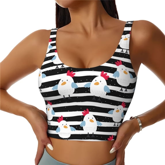 Sports Bra For Women, Black White Striped Cute Chicken Sports Bras For Women High Support, Workout Tank Tops Woman With Removable Cups