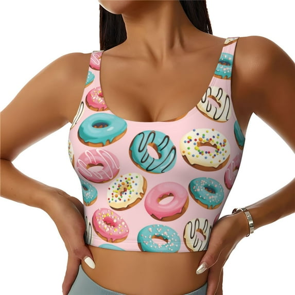 Sports Bra For Women, Blue Pink White Donut Print Sports Bras For Women High Support, Workout Tank Tops Woman With Removable Cups