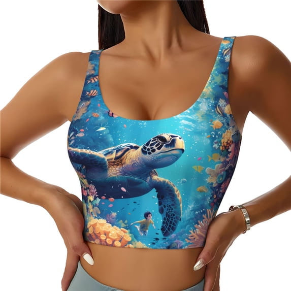 Sports Bra For Women, Colorful Underwater Plant Turtle Sports Bras For Women High Support, Workout Tank Tops Woman With Removable Cups
