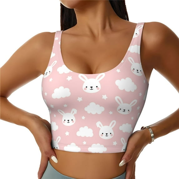 Sports Bra For Women, Cute Cartoon Rabbit Clouds Pink Sports Bras For Women High Support, Workout Tank Tops Woman With Removable Cups