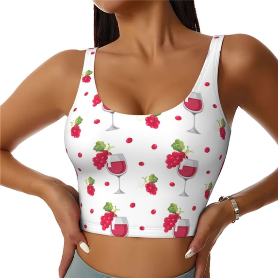 Sports Bra For Women, Red Grape Wine Glass Print Sports Bras For Women High Support, Workout Tank Tops Woman With Removable Cups